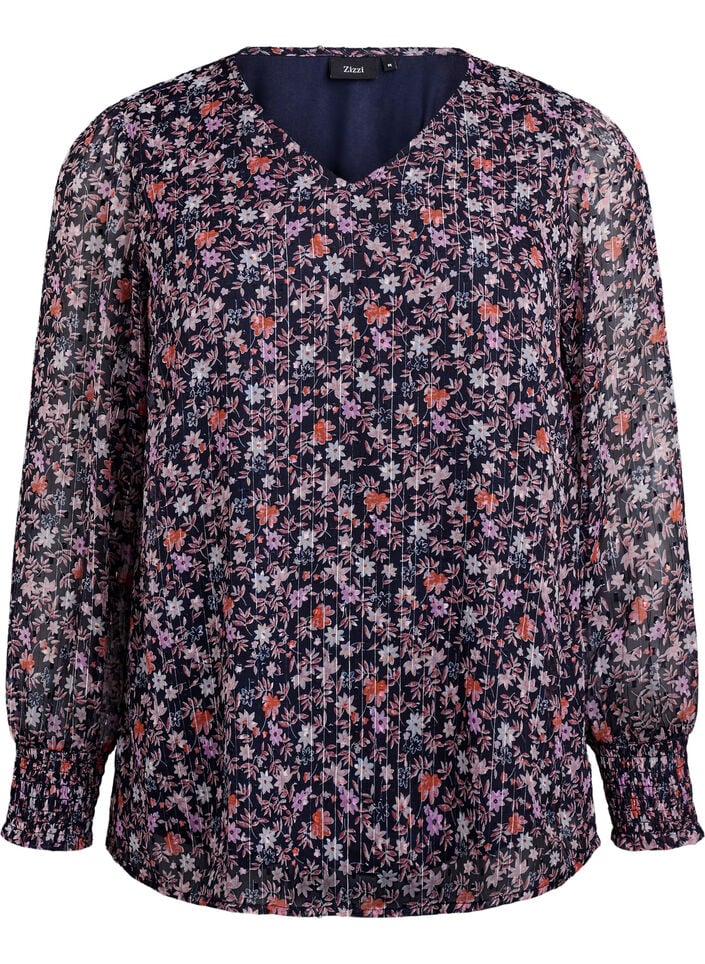 Bluse med blomstertrykk og glittertr&aring;d, Bl&aring;, Packshot image number 0