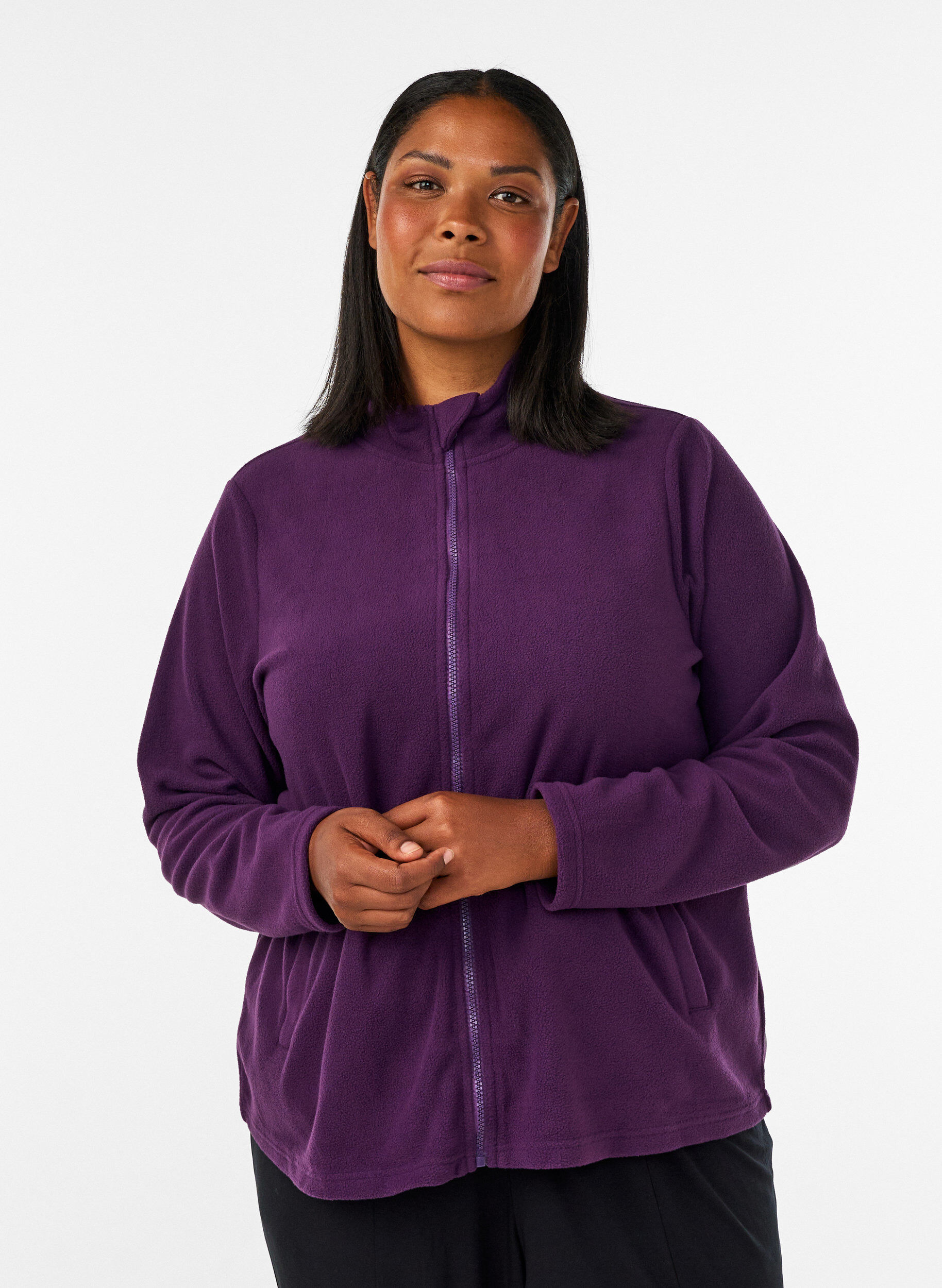 Fleecetopp med glidel&aring;s og h&oslash;y krage, Lilla, Model