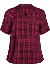 Bluse med rutemønster og V-utringning, Burgundy