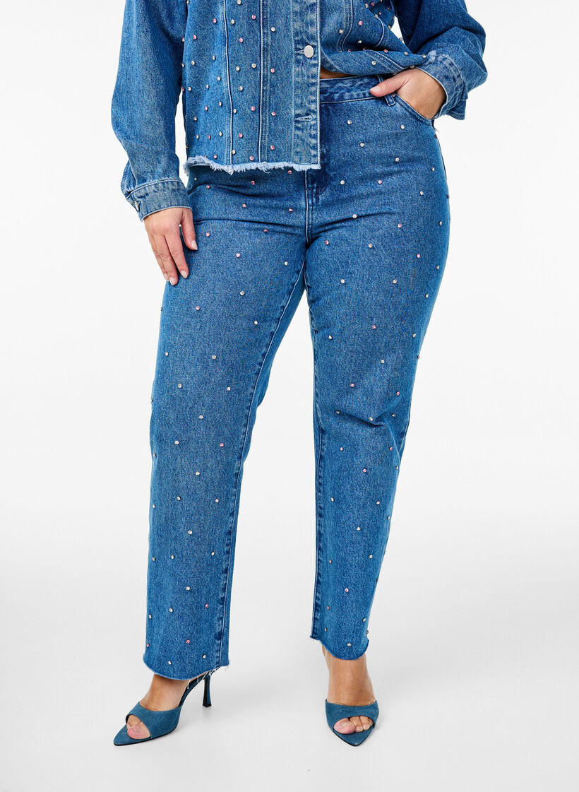 Høy midje Gemma jeans med rhinesteiner, Blue Denim, Model