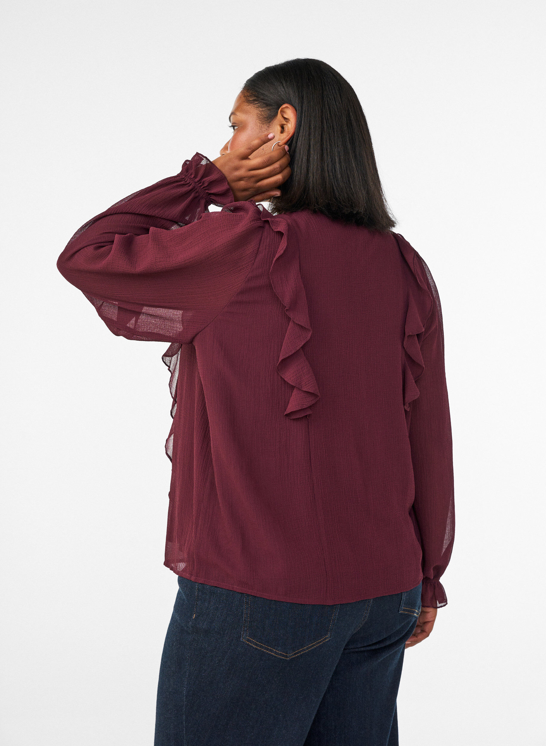 ZizziGjennomsiktig bluse med volanger og knyte-lukking, R&oslash;d, Model image number 2