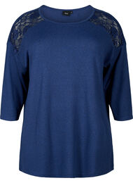 Bluse med 3/4-ermer og blondedetaljer, Medieval Blue Mel.