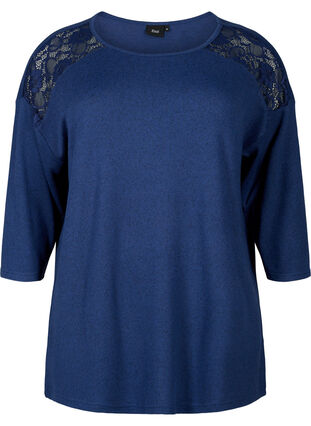 Bluse med 3/4-ermer og blondedetaljer, Medieval Blue Mel., Packshot image number 0