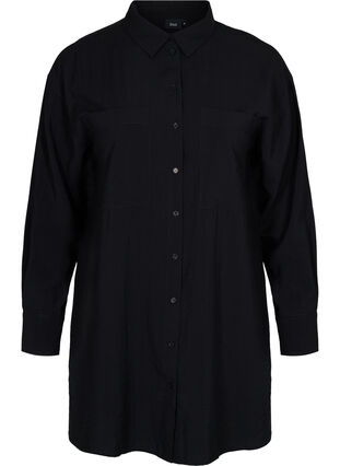 Lang viskoseskjorte med lommer og splitt, Black, Packshot image number 0
