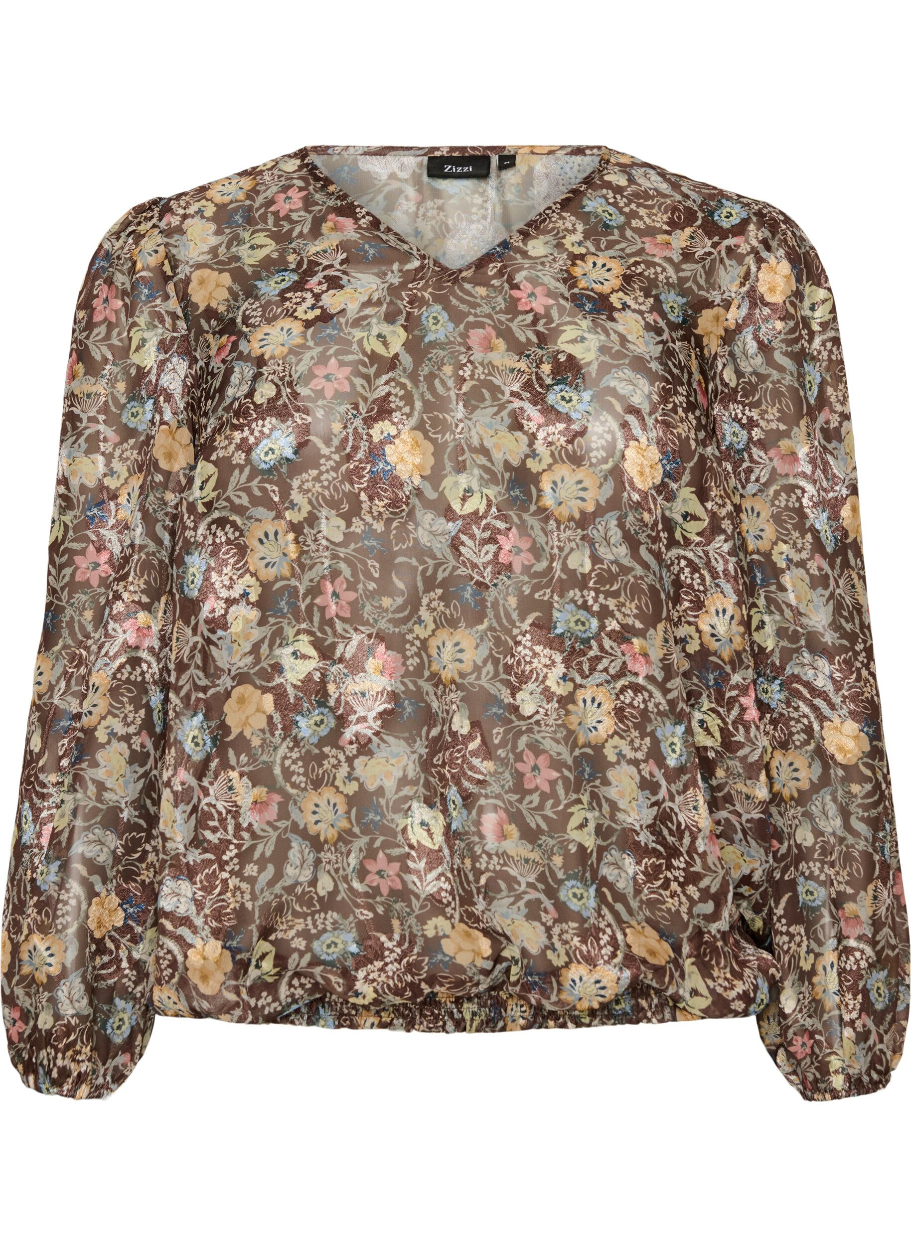 ZizziBluse med blomstertrykk og ballongermer, Brun, Packshot image number 0