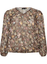Bluse med blomstertrykk og ballongermer, Brun