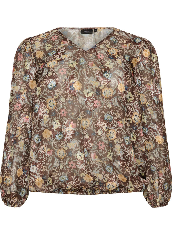 Bluse med blomstertrykk og ballongermer, Brun, Packshot image number 0