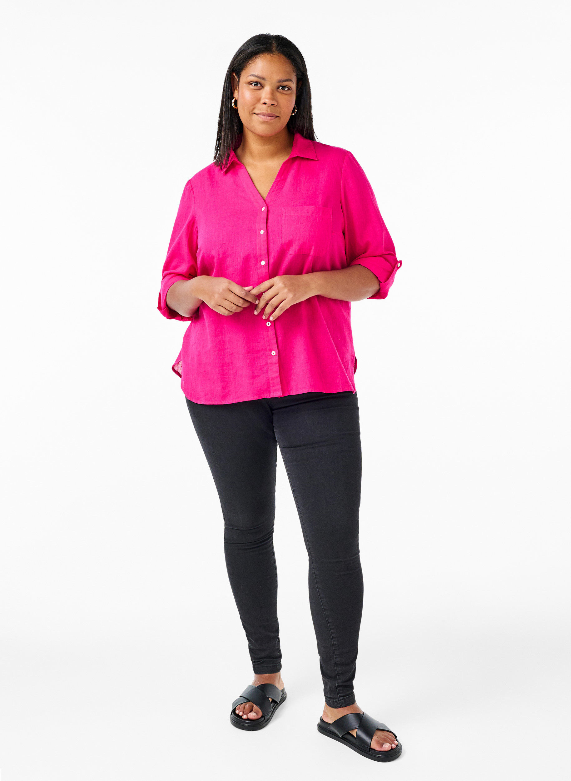 Zizzi Skjorte bluse med knappelukking i bomull-lin-blanding, Bright Rose, Model image number 2