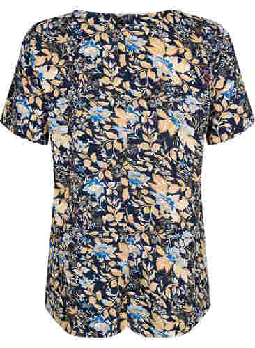 FLASH - Bluse med korte ermer og mønster, Brown Blue Flower, Packshot image number 1