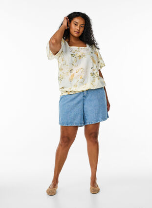Zizzi Bluse med blomstermønster og firkantet hals, Gul, Model image number 1
