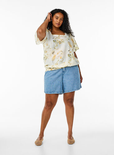 Zizzi Bluse med blomstermønster og firkantet hals, Gul, Model image number 1