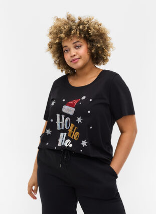 T-skjorte med julemotiv i bomull, Black Ho Ho Ho, Model image number 0