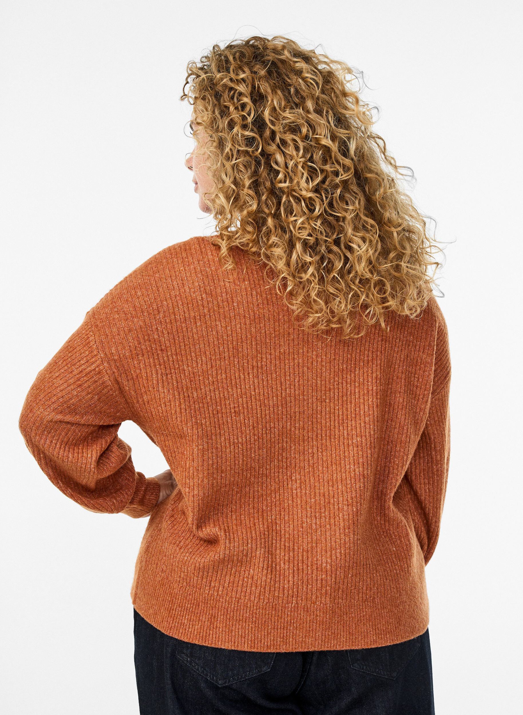 Zizzi Ribbestrikket cardigan med knapper, Orange, Model image number 2