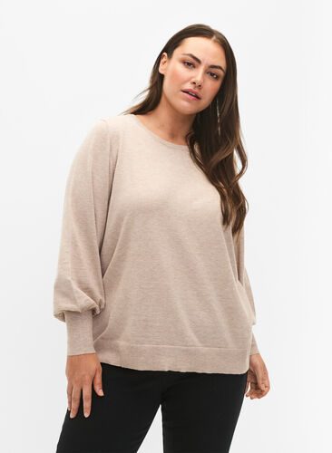 Strikkegenser med viskose og ballongermer, Simply Taupe Mel., Model image number 0
