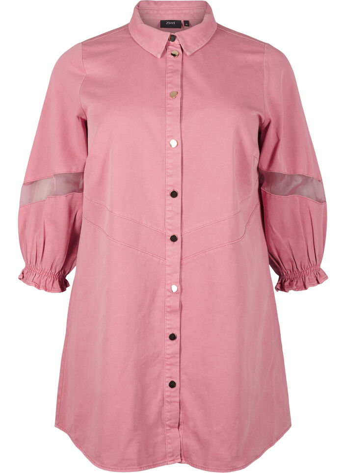 Skjortekjole i farget denim med mesh detaljer, Heather Rose, Packshot image number 0