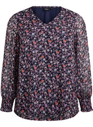 Bluse med blomstertrykk og glittertråd, Navy Flower AOP