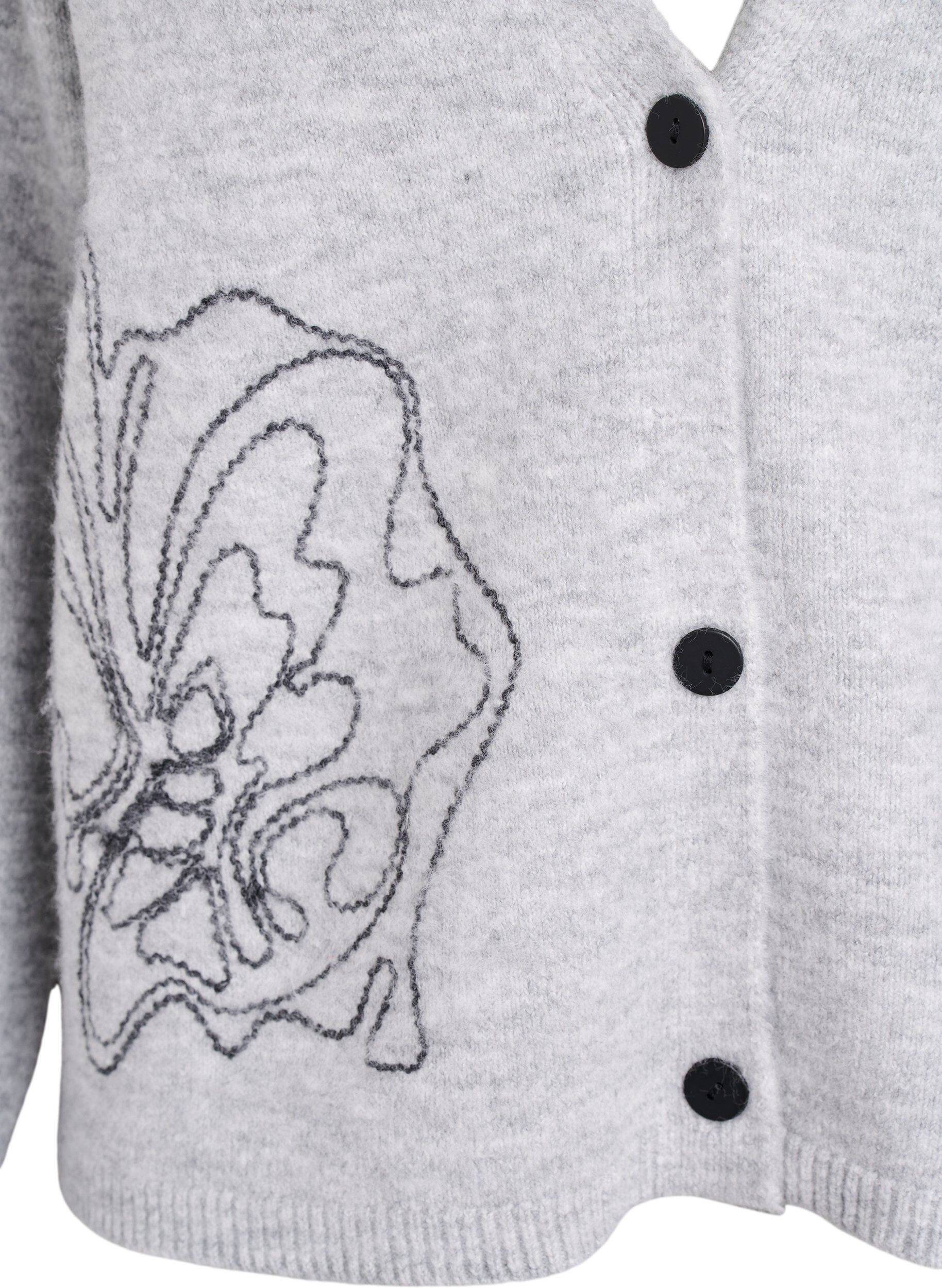 Zizzi Cardigan med V-hals og broderte blomster, Gr&aring;, Packshot image number 2