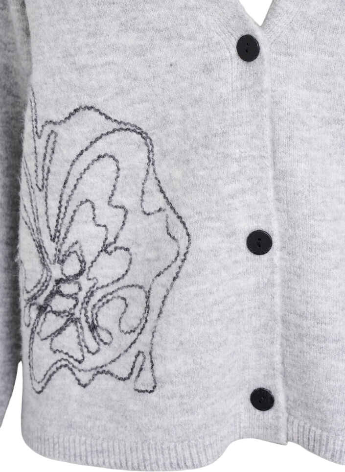 Cardigan med V-hals og broderte blomster, Grå, Packshot image number 2