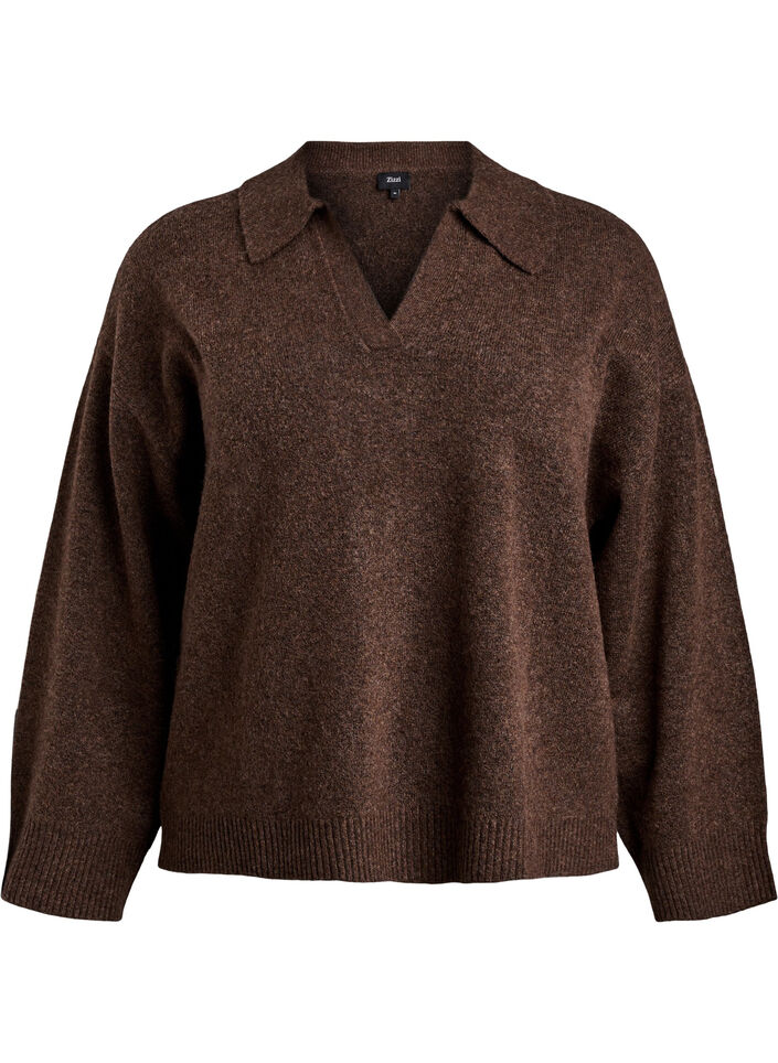 Strikket bluse med krage og V-hals, Rain Drum Mel., Packshot