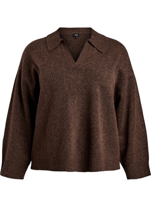 Zizzi Strikket bluse med krage og V-hals, Rain Drum Mel., Packshot image number 0
