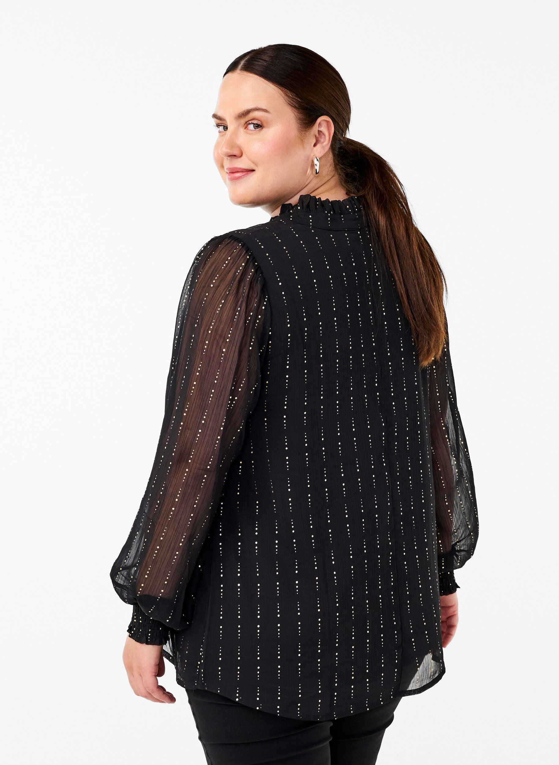 Zizzi M&oslash;nstret chiffongbluse med knyteb&aring;nd, Black, Model image number 1