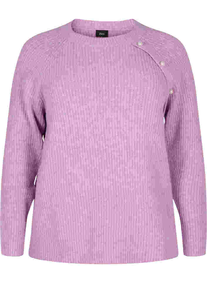 Melert strikkegenser med perleknapper, Purple Mel., Packshot image number 0