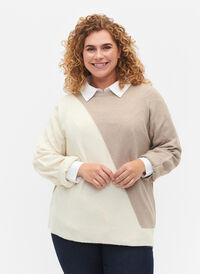 Bluse med rund hals, strikket i blokkfarge, Simply Taupe Comb, Model