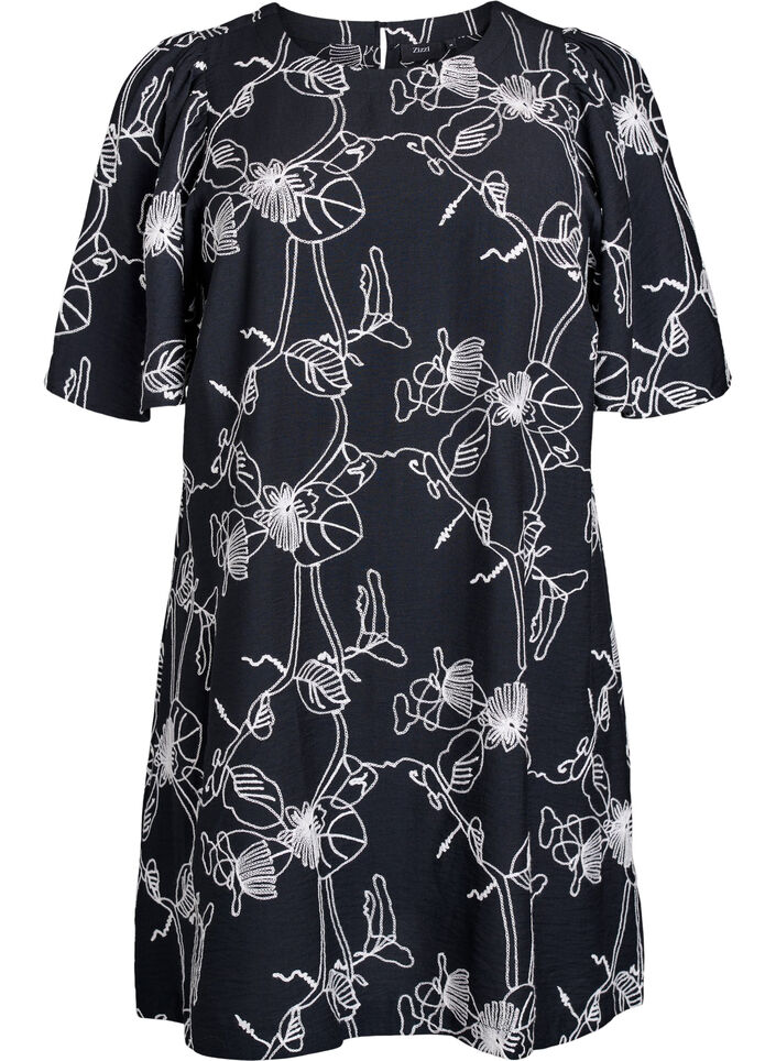 Kort A-formet kjole med brodert m&oslash;nster, Svart, Packshot image number 0
