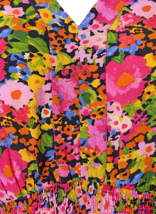 Bluse i viskose med blomstermønster og smock, Neon Flower Print, Packshot image number 2