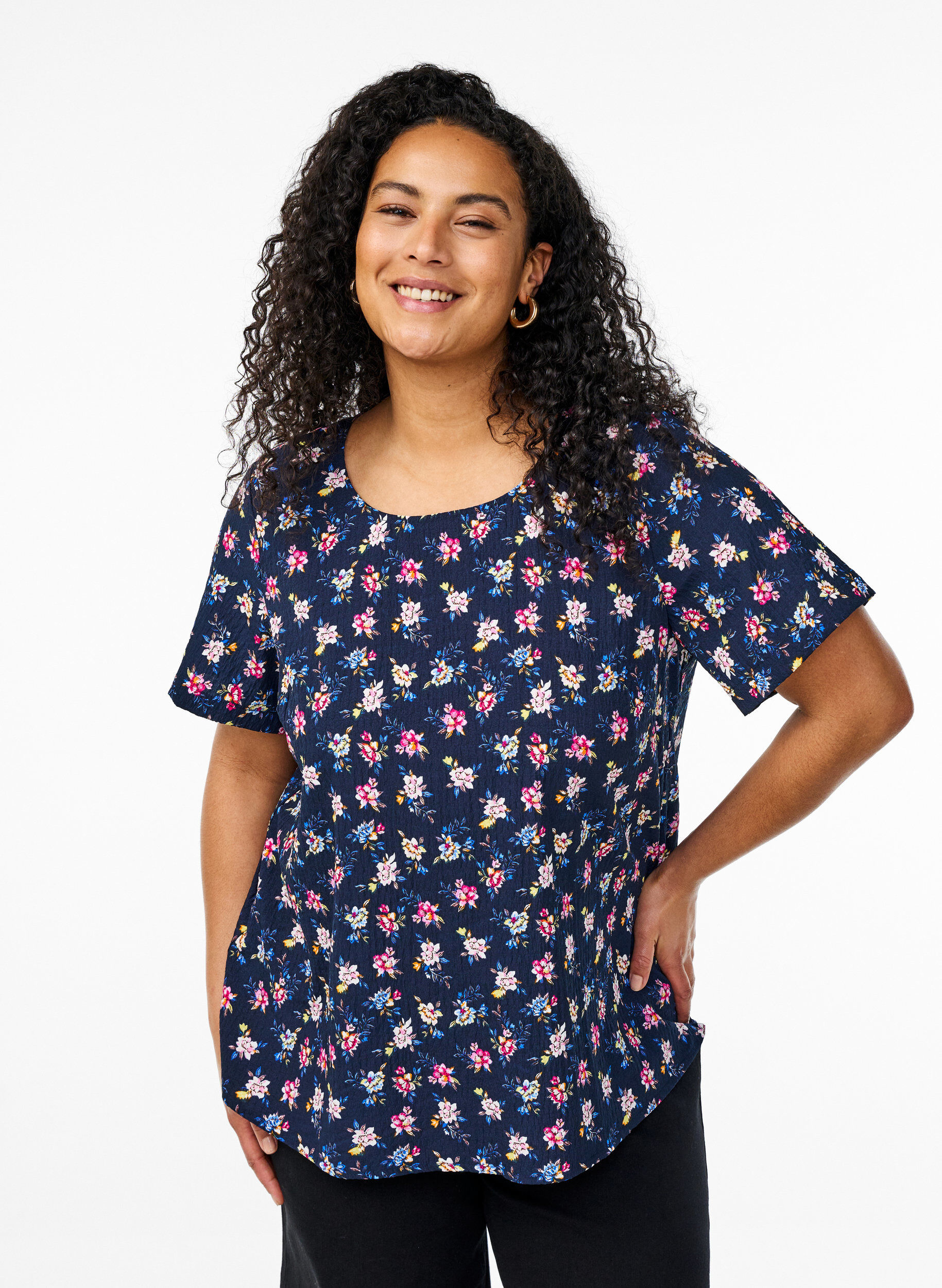 Zizzi FLASH - Kortermet bluse med tekstur, Bl&aring;, Model image number 0