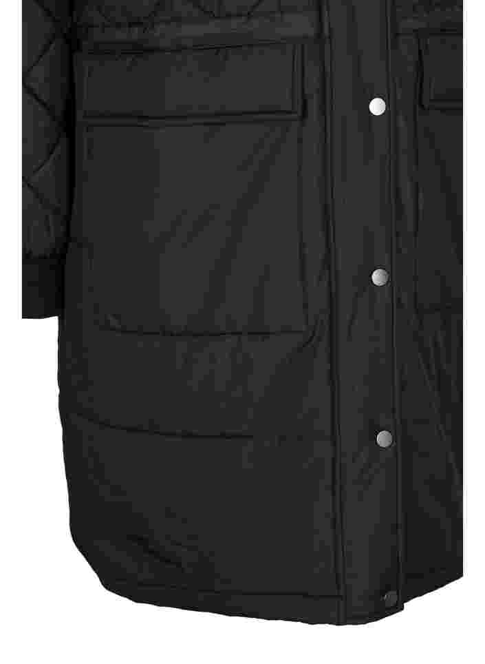 Quiltet jakke med hette og justerbar midje, Black, Packshot image number 3