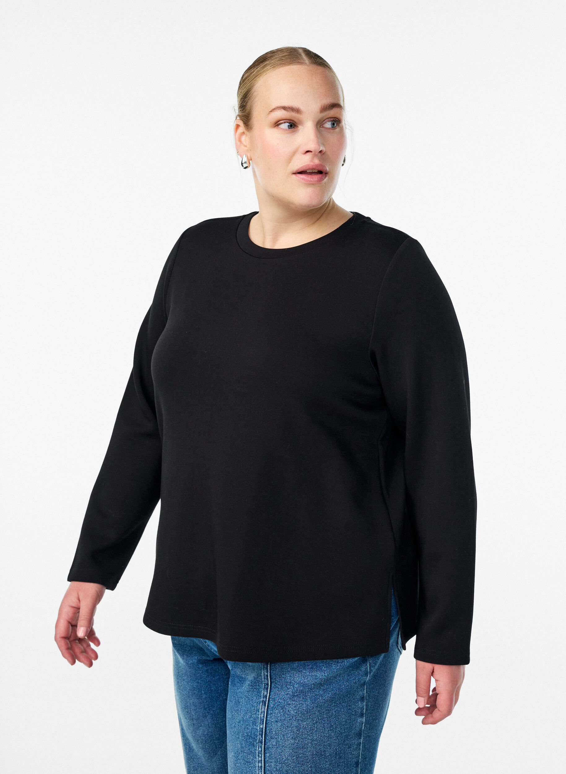Jerseybluse med rund hals, Svart, Model