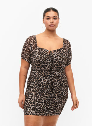 Kort kjole i mesh med leopardmønster, Leo, Model image number 0