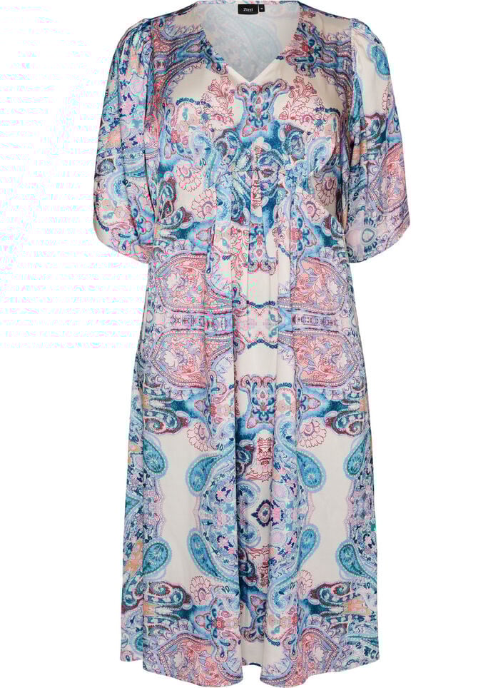 Midikjole med paisleym&oslash;nster og satin-utseende, Hvit, Packshot image number 0