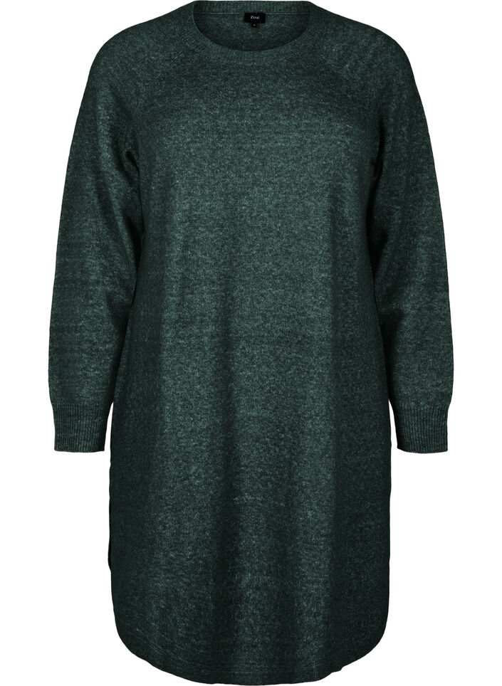 Kort strikket kjole med rund hals, Grønn, Packshot image number 0