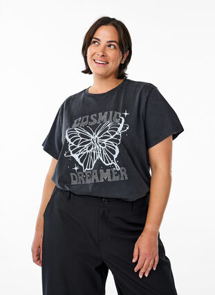 Zizzi T-skjorte i økologisk bomull med strassteiner og sommerfuglmotiv, Grå, Model image number 0