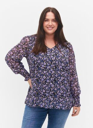 Blomstrete bluse med lange ermer og V-hals, Purple Ditzy Flower, Model image number 0