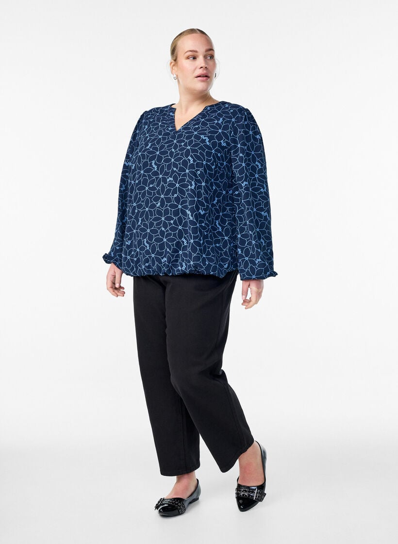 Langermet bluse med blomsterbroderi, Blå, Model image number 1