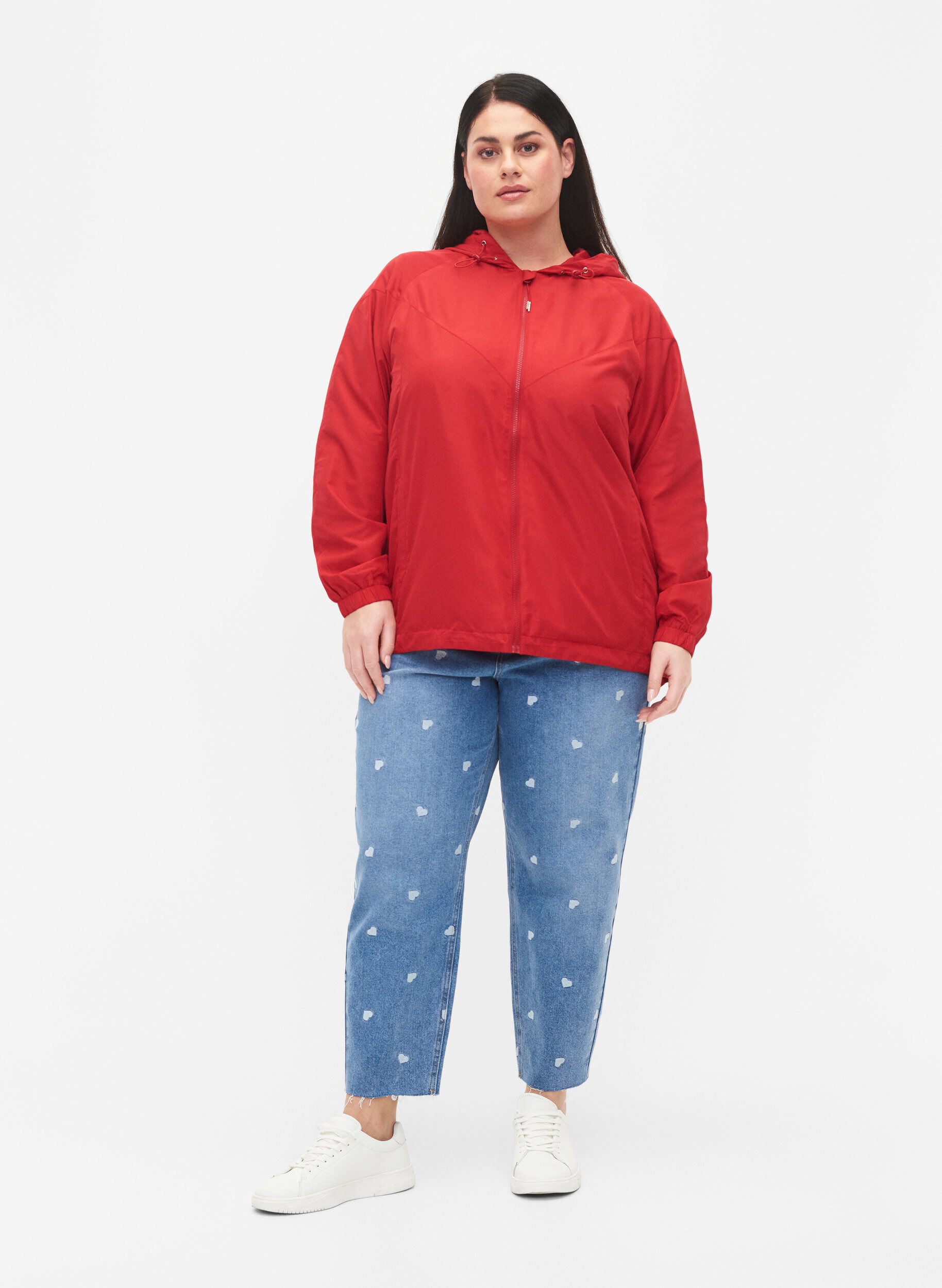 Zizzi Kort jakke med hette og justerbar bunn, Tango Red, Model image number 2