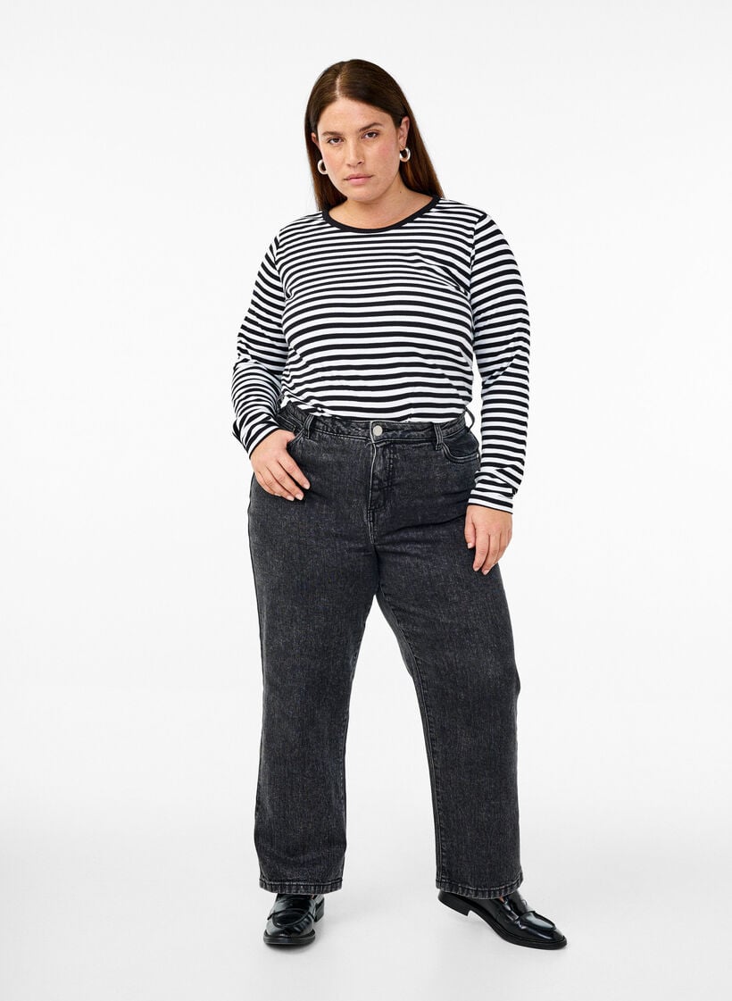 Stripete bluse med lange ermer, Svart, Model image number 1