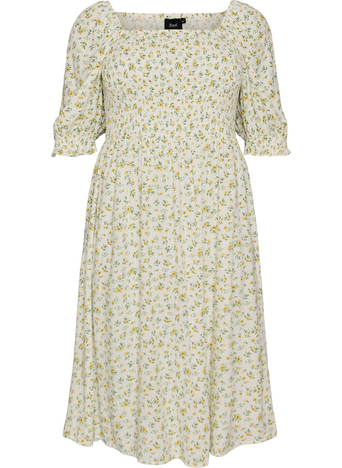 Blomstrete sommerkjole i viskose, Hvit, Packshot image number 0