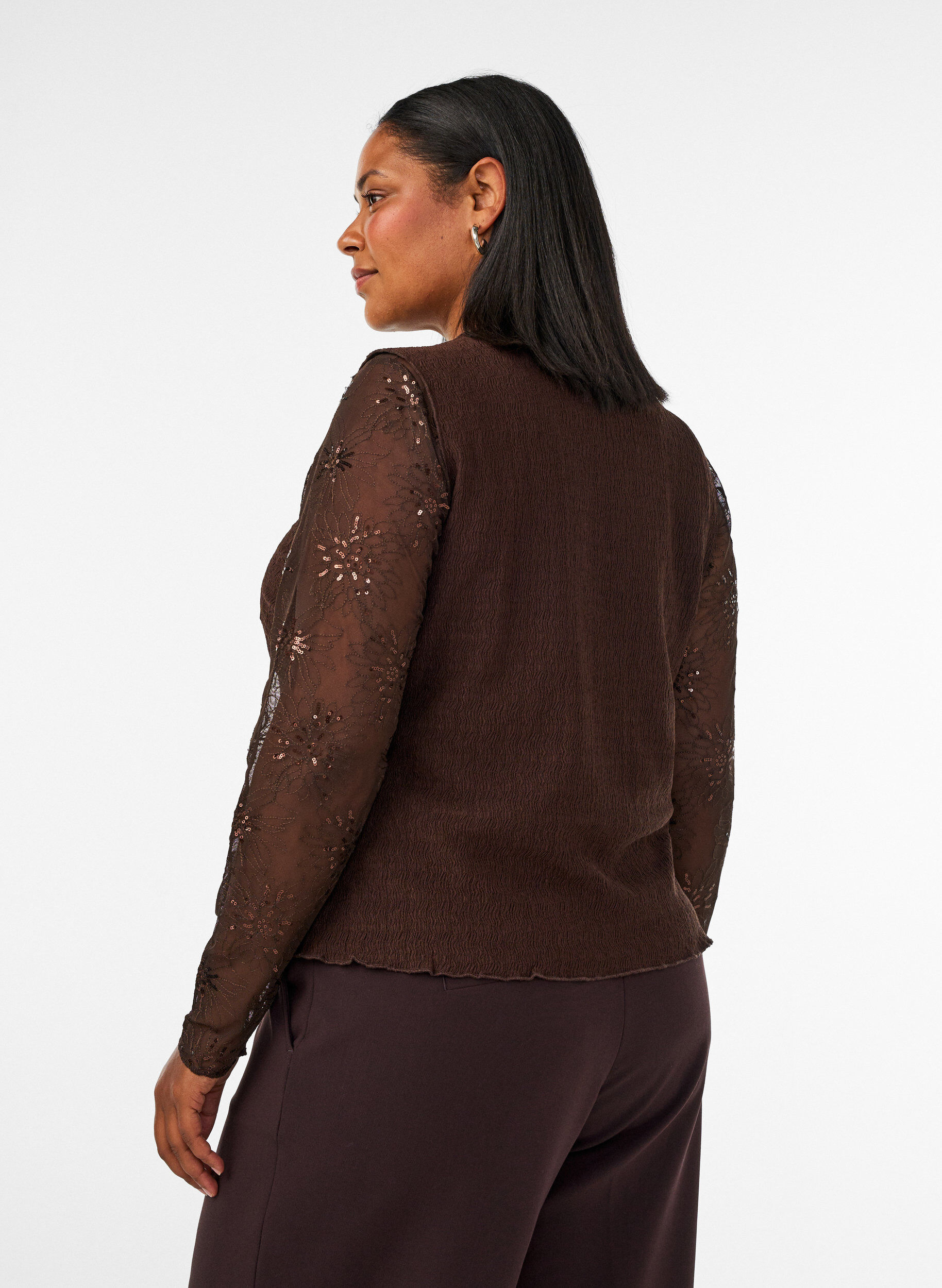 ZizziBluse i mesh med blomster og paljetter, Brun, Model image number 2