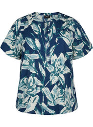 Bluse med korte ermer og V-hals, Navy B.Big FlowerAOP