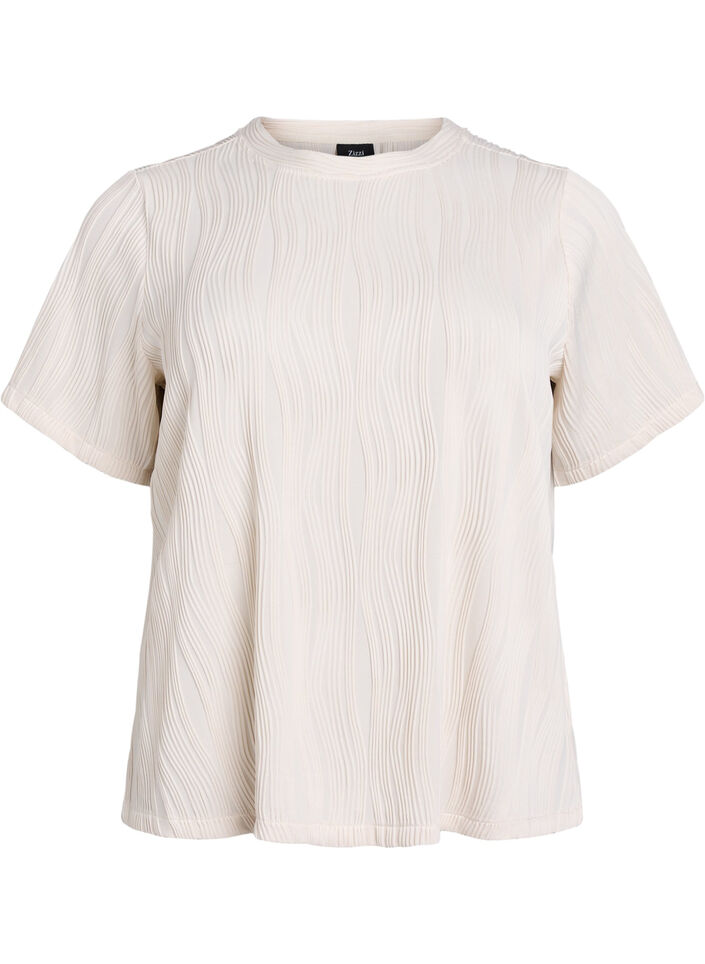 Bluse med korte ermer og bølget tekstur, Beige, Packshot image number 0