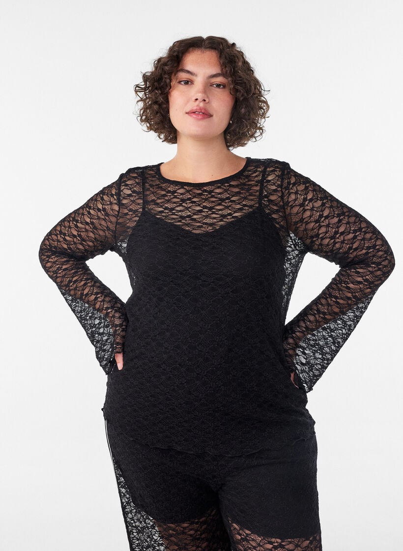 Gjennomsiktig bluse med blonder og lange ermer, Svart, Model image number 0