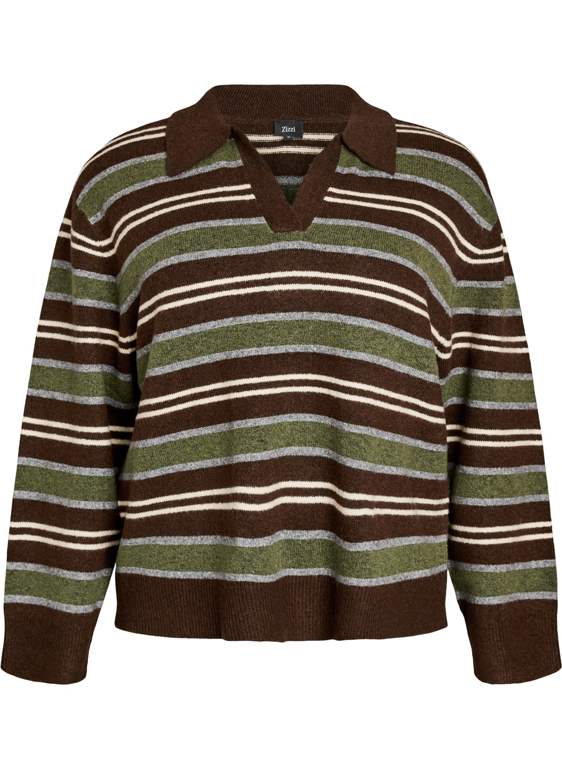 Strikkebluse med striper og poloskjorte krage