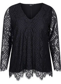 Langermet blondebluse med V-hals