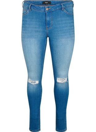 Super slim Sanna jeans med slitte detaljer, Blue denim, Packshot image number 0