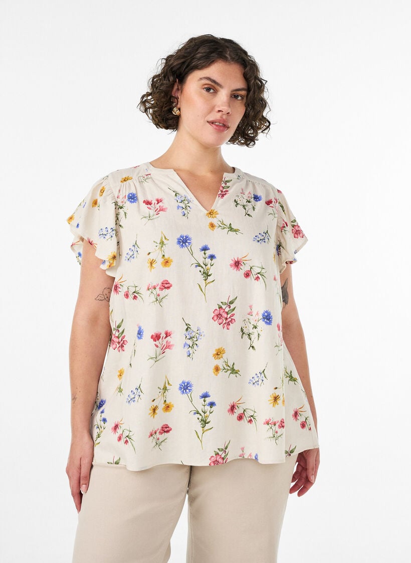 Bluse i viskose og lin med volangermer, Beige, Model image number 0