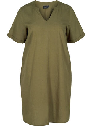 Kortermet kjole i bomullsmiks med lin, Ivy Green, Packshot image number 0